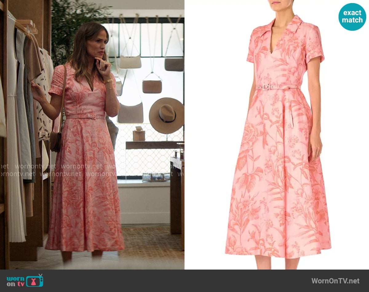 Monique Lhuillier Tropical Rose Shirt Midi Dress worn by Hollis Shaw (Jennifer Garner) on The Five Star Weekend