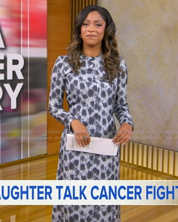 Morgan’s blue printed long sleeve dress on Good Morning America