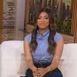 Morgan’s blue striped top and lace-up denim skirt on Good Morning America