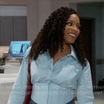 Naomi’s blue corset shirt on Beyond the Gates