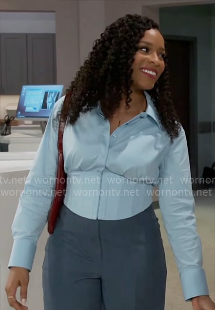 Naomi’s blue corset shirt on Beyond the Gates