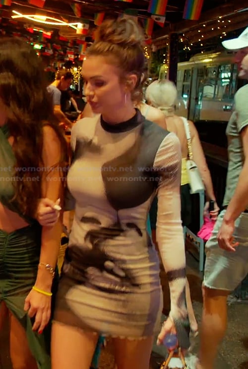 Nia’s face print mesh mini dress on The Valley