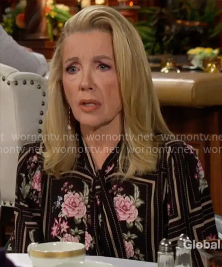 Nikki’s black and pink floral blouse on The Young and the Restless
