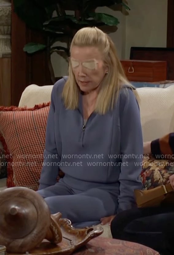 Nikki’s blue quarter zip sweatshirt and pants set on The Young and the Restless