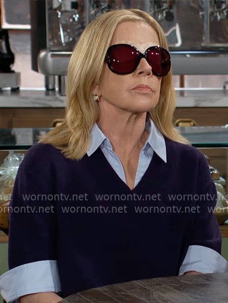 Nikki’s navy layered sweater on The Young and the Restless Nikki’s navy layered sweater on The Young and the Restless