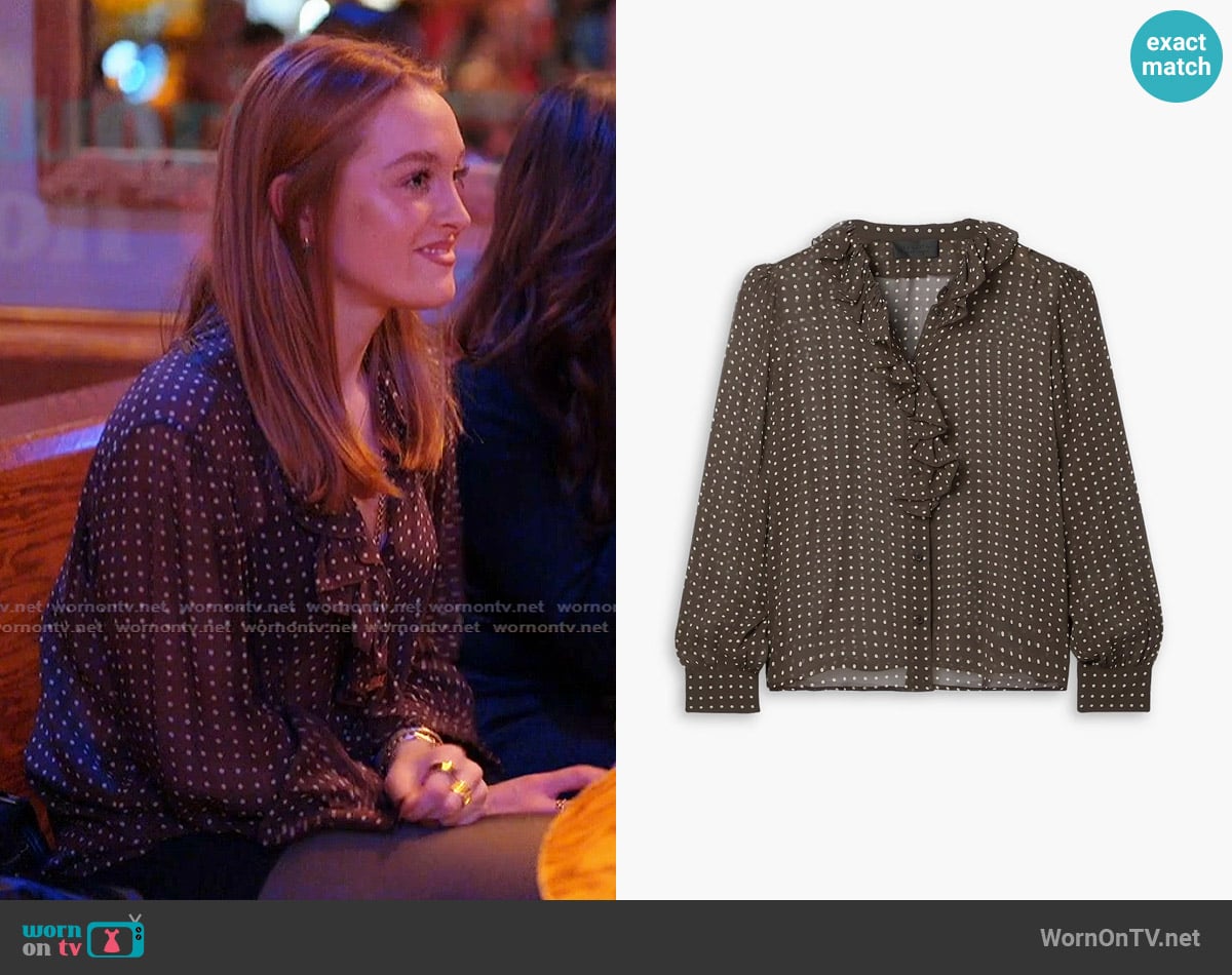 Nili Lotan Nicole Ruffled Polka-dot Silk-chiffon Blouse In Chocolate worn by Rowan Henchy on Next Gen NYC