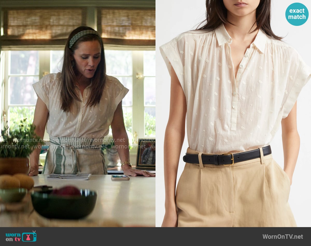 Nili Lotan Normandy Embroidered Shirt worn by Hollis Shaw (Jennifer Garner) on The Five Star Weekend