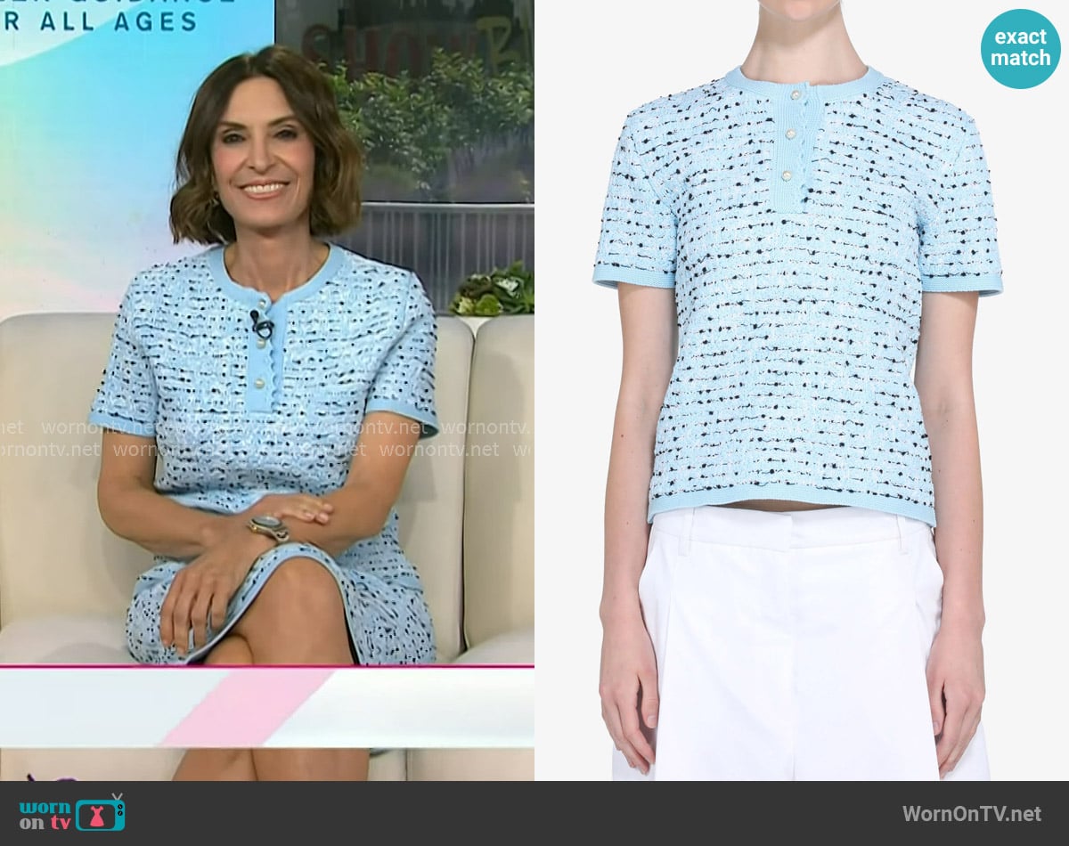 Suzy Welch’s blue short sleeve knitted top on Today