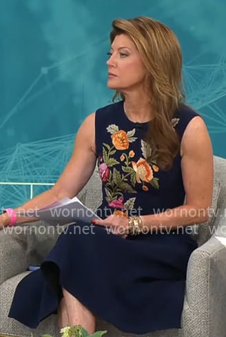Norah O’Donnel’s navy floral embroidered dress on CBS Mornings