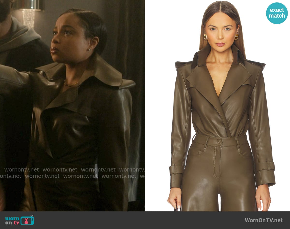 Norma Kamali Double Breasted Trench Bodysuit worn by Tiffany (Hannaha Hall) on The Chi