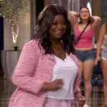 Octavia Spencer’s pink tweed jacket and floral skirt on Live with Kelly and Mark