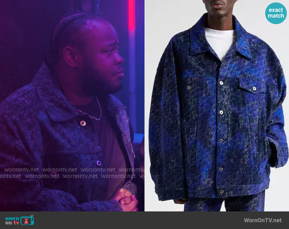 Off-White logo jacquard denim trucker jacket worn by Papa (Shamon Brown) on The Chi