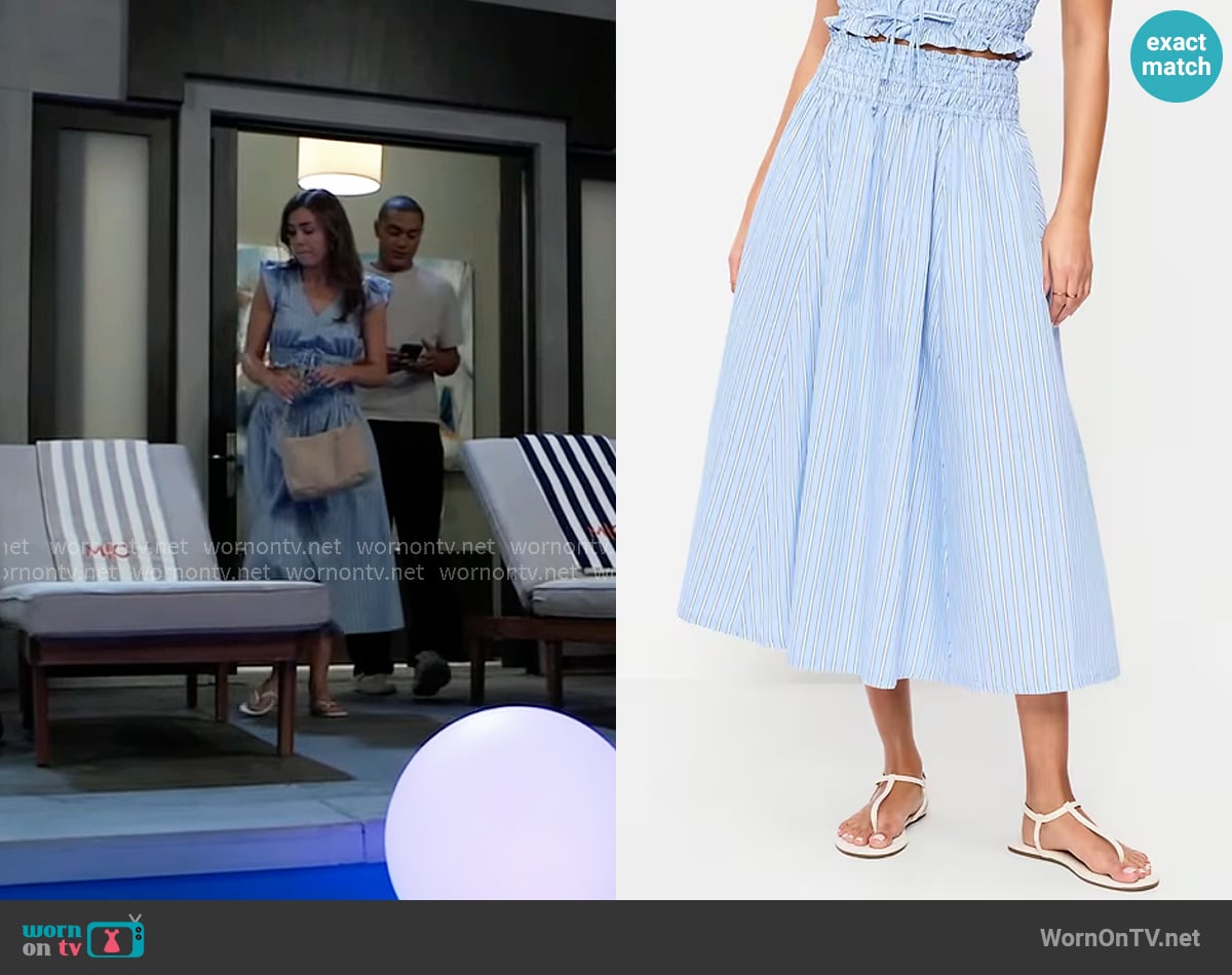 Old Navy Smocked-Waist Midi Skirt in White & Blue Stripe worn by Emma Scorpio-Drake (Braedyn Bruner) on General Hospital