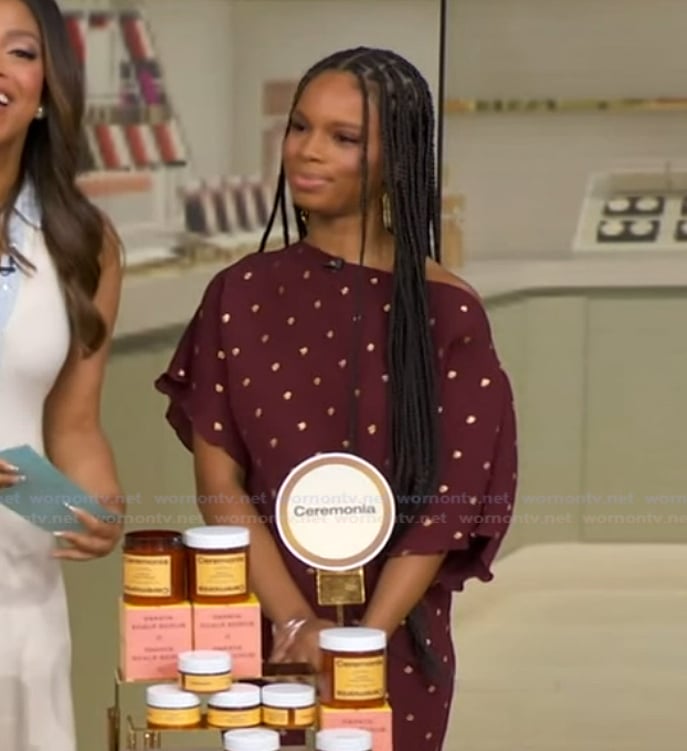 Olivia Hancock’s brown metallic polka dot dress on Good Morning America