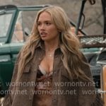 Oreana’s floral v-neck top with brown fringed jacket and denim shorts on Dutton Ranch