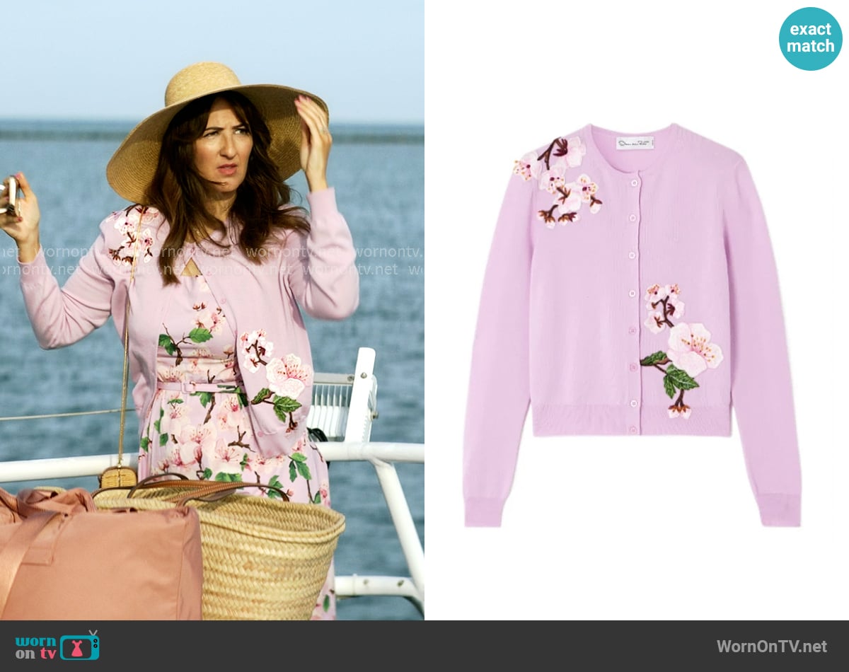 Oscar de la Renta Appliqued wool cardigan worn by  Brooke Kirtley (D'Arcy Carden) on The Five Star Weekend