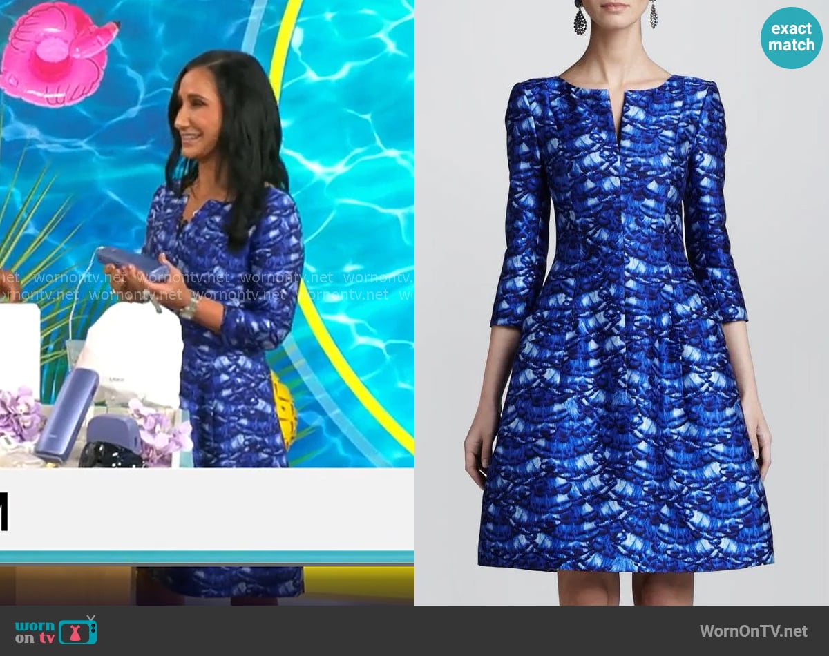 Oscar de la Renta Blue Patterned Taffeta Dress worn by Elizabeth Werner on CBS Mornings