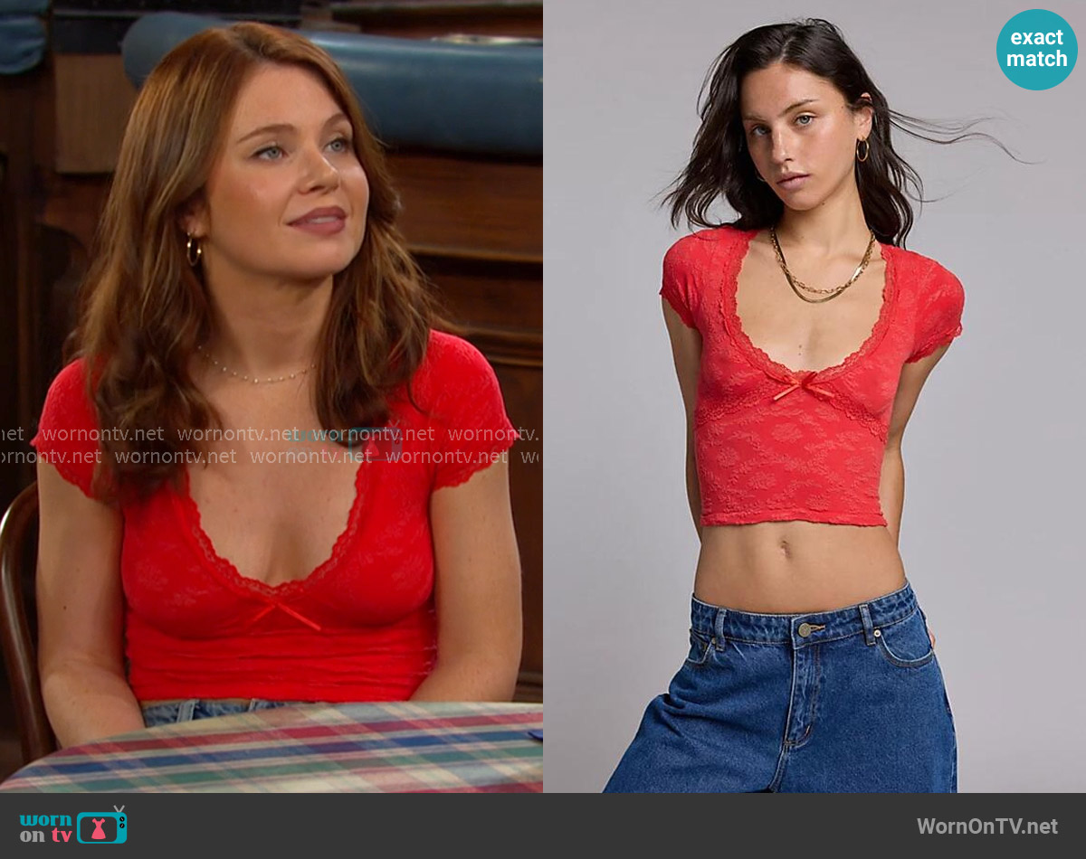 Out From Under Bella Seamless Knit Lace Trim Crop Tee in Red worn by Joy Wesley (AlexAnn Hopkins) on Days of our Lives