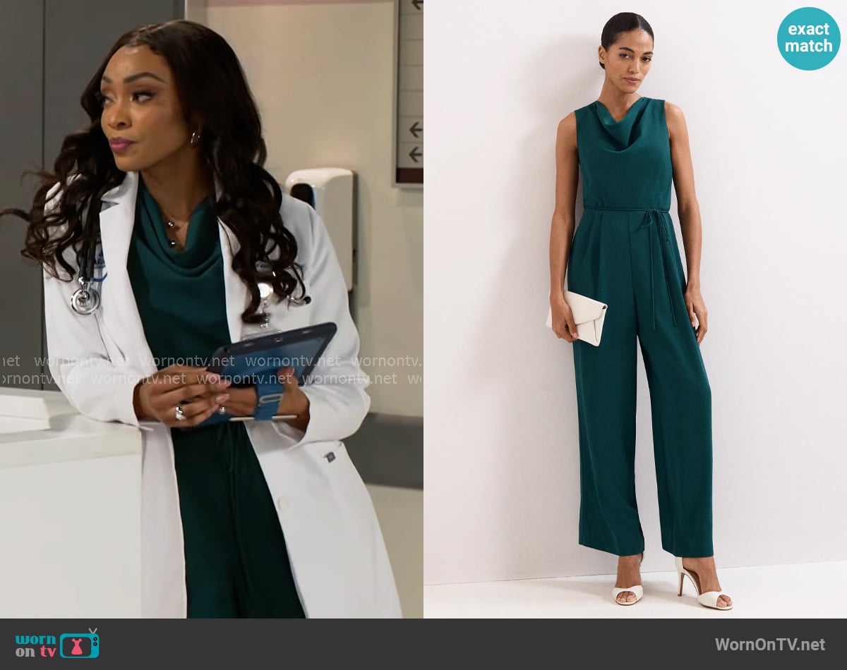 Phase Eight Monique Cowl Neck Wide Leg Jumpsuit in Teal worn by Madison Montgomery (Kenjah) on Beyond the Gates