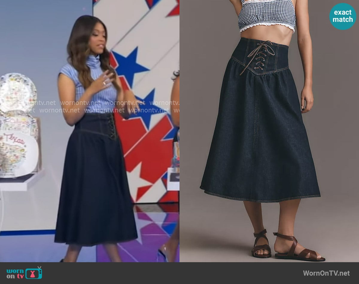 Pilcro Lace-Up Drop-Waist Denim Midi Skirt worn by Morgan Norwood on Good Morning America