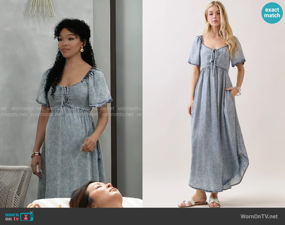 Pink Blush Light Blue Chambray Cinched Tie Bust Maxi Dress worn by Portia Robinson (Brook Kerr) on General Hospital