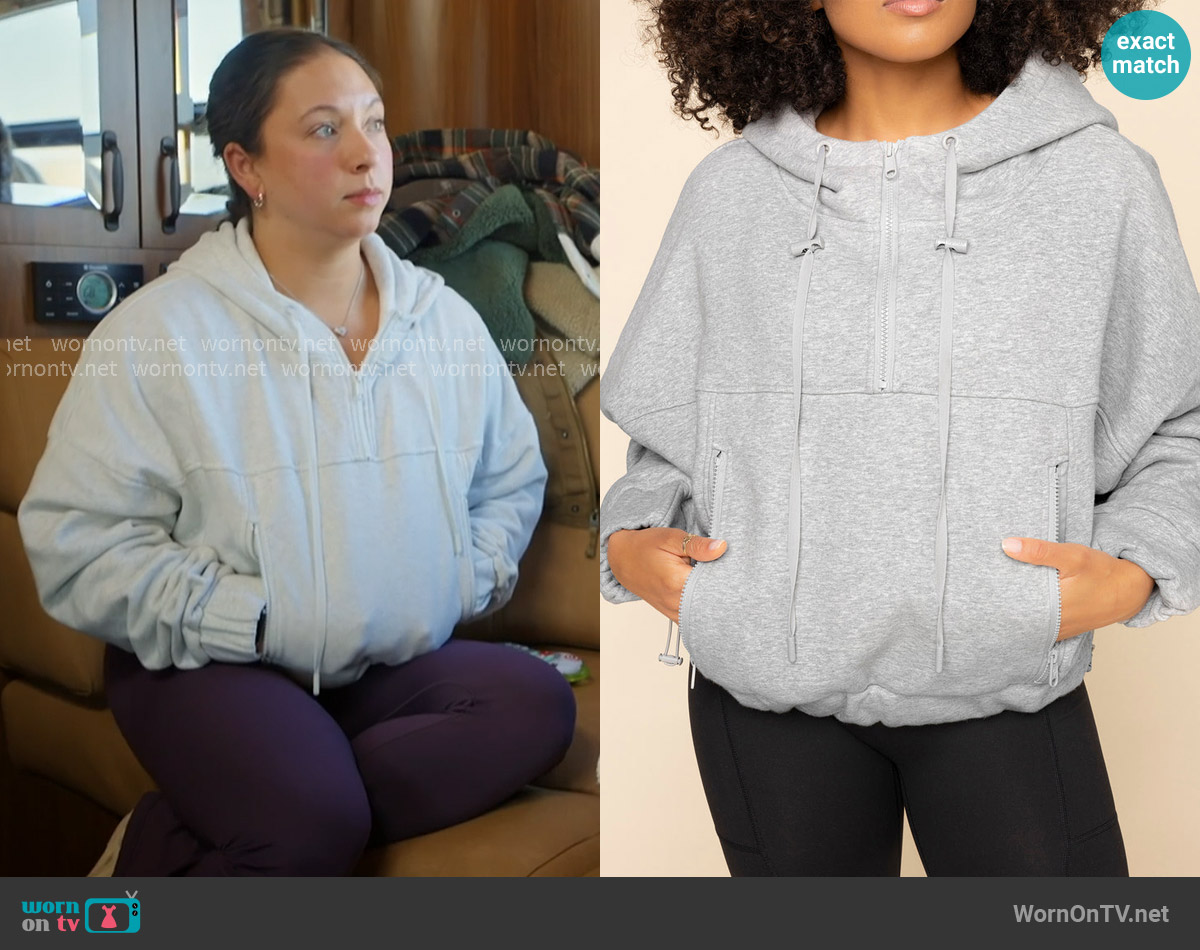Popflex Half Zip Warm Up Hoodie in Heather Grey worn by Alli Ventresca on The McBee Dynasty Real American Cowboys