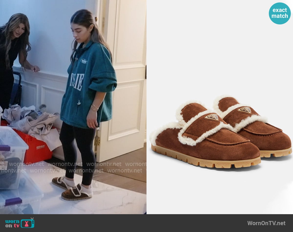 Prada Shearling-lined suede mules worn by Gia Giudice on Next Gen NYC