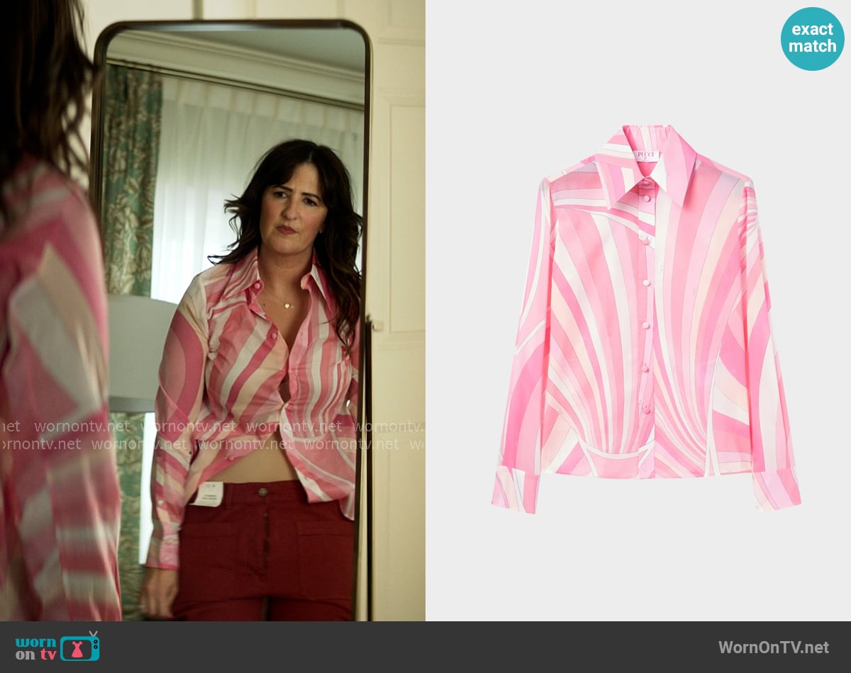 Pucci Iride-Print Cotton Muslin Button-Down Blouse worn by  Brooke Kirtley (D'Arcy Carden) on The Five Star Weekend