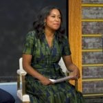 Rachel's green jacqaurd tie waist dress on Good Morning America