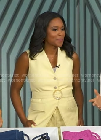 Rachel’s yellow belted vest and pants on Good Morning America