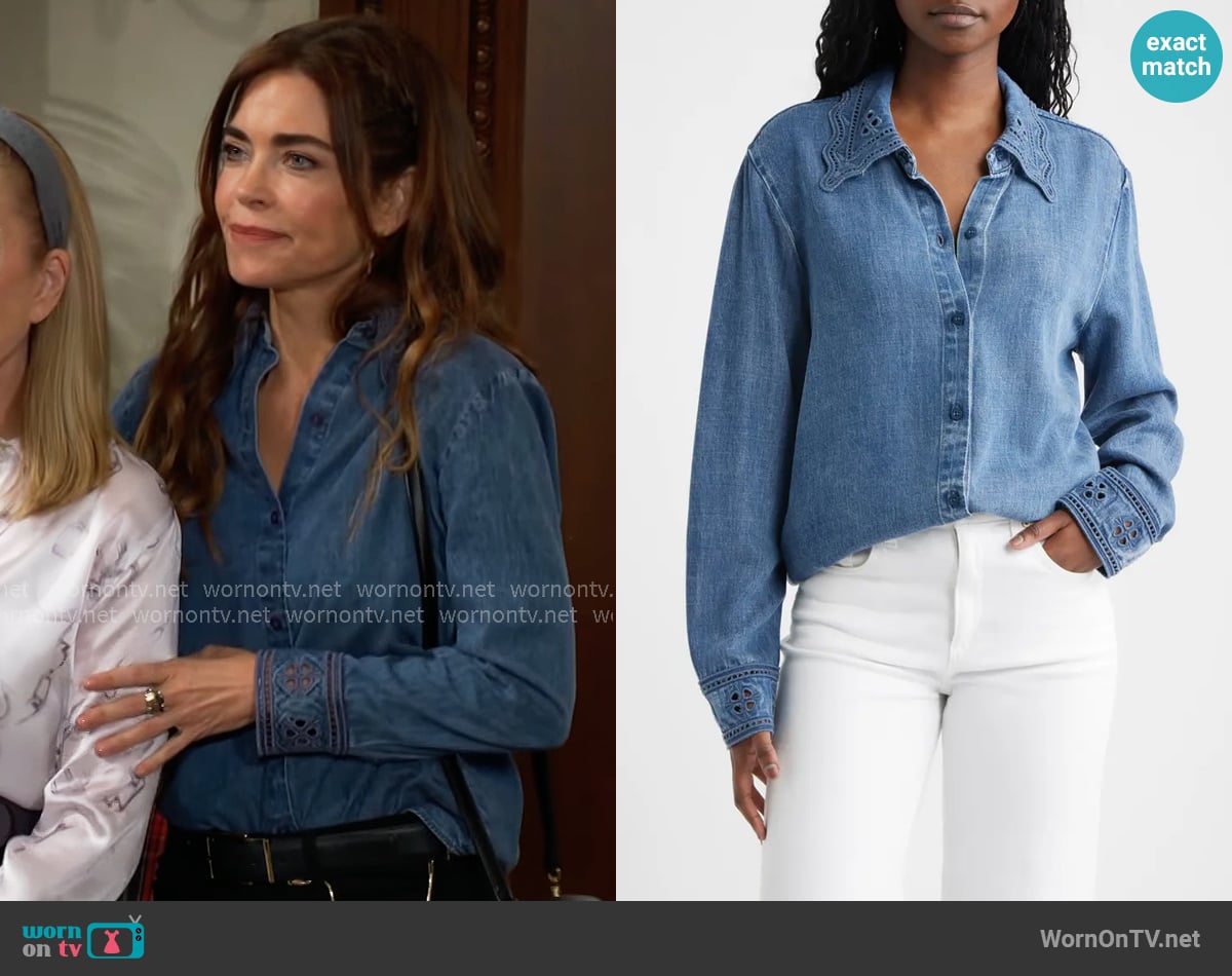 Rails Bethany Shirt in Antique Blue worn by Victoria Newman (Amelia Heinle) on The Young and the Restless