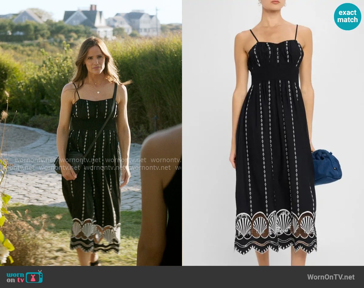 Rails Granada Seashell Embroidered Midi Dress worn by Hollis Shaw (Jennifer Garner) on The Five Star Weekend