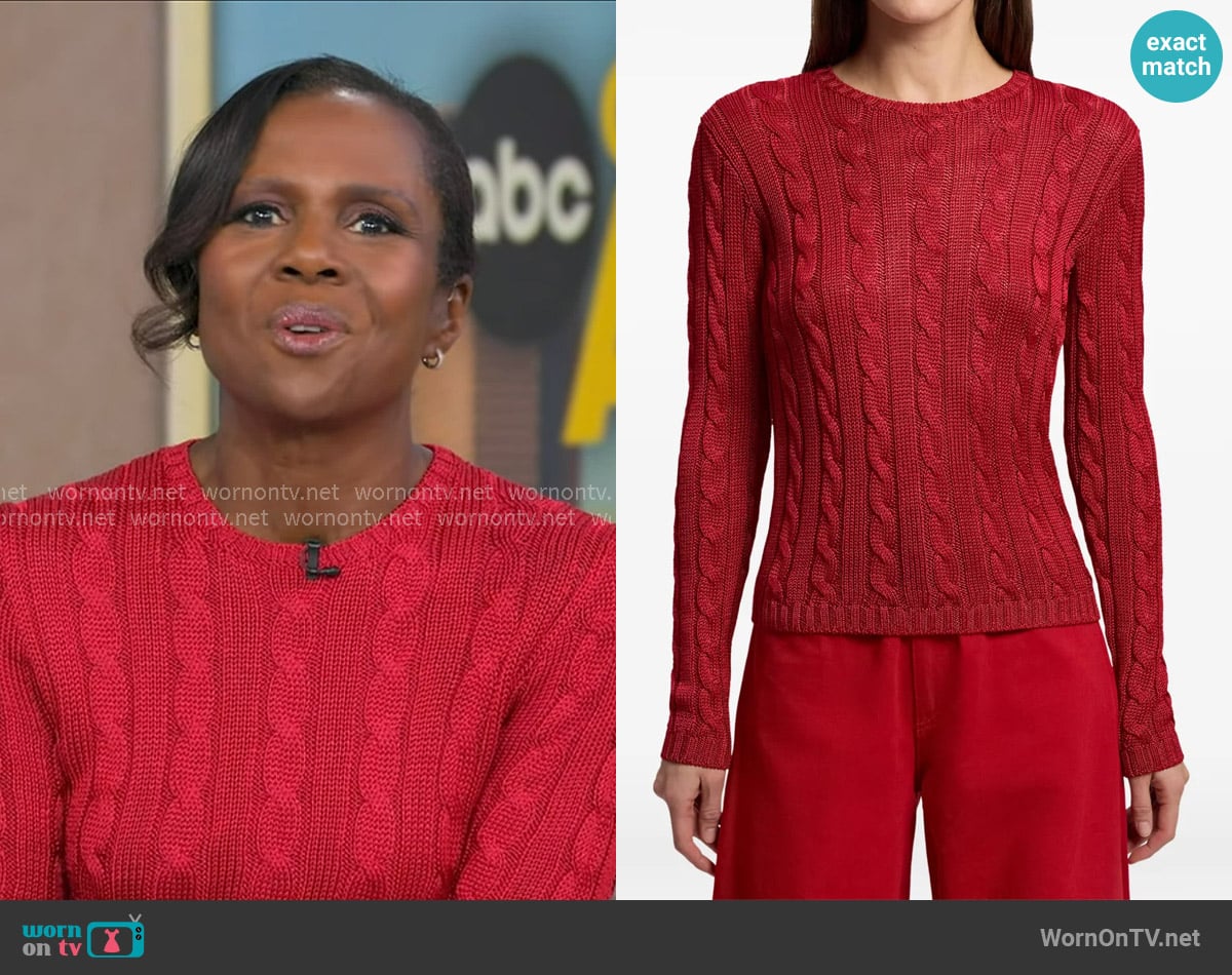 Ralph Lauren Collection Cable-Knit Silk Crewneck Sweater worn by Deborah Roberts on Good Morning America