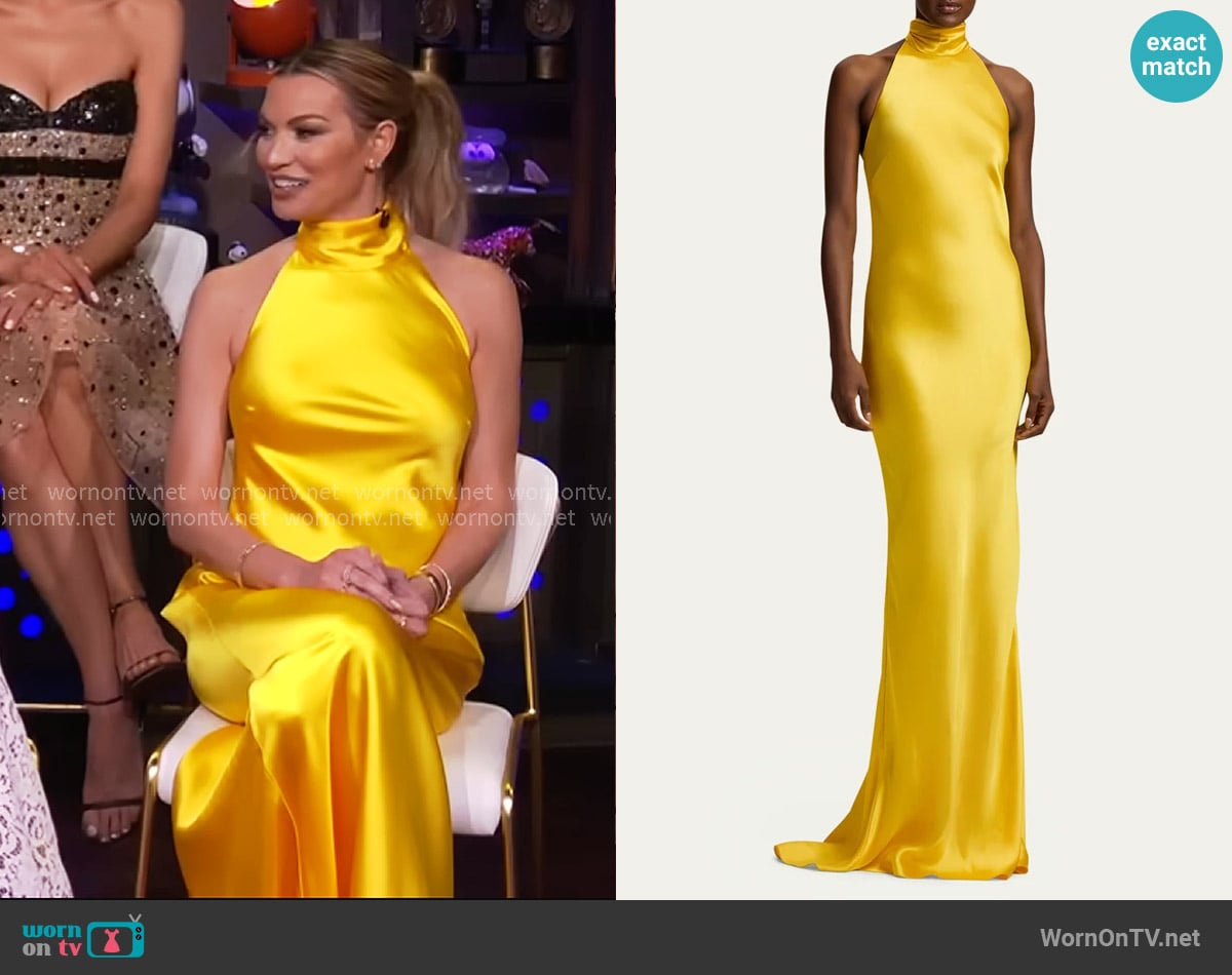 Ralph Lauren Collection Chilton Stretch Satin Evening Dress in racing yellow worn by Lindsay Hubbard on In The City