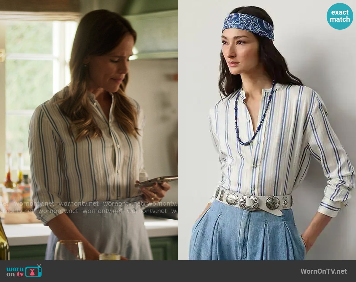 Ralph Lauren Imann Striped Mulberry Silk Shirt worn by Hollis Shaw (Jennifer Garner) on The Five Star Weekend