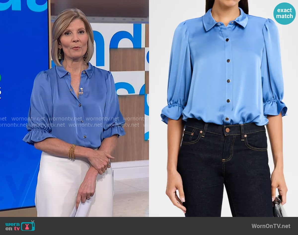 Ramy Brook Dina Satin Bodysuit in Cornflower blue worn by Kate Snow on NBC News Daily