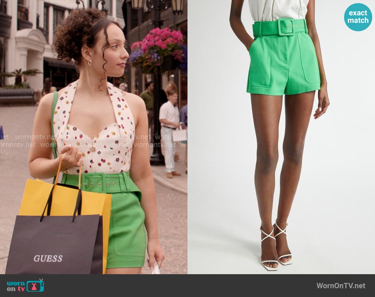 Ramy Brook Kasey Belted Shorts in Tropic Green worn by Tiffany (Kayla Maisonet) on Elle