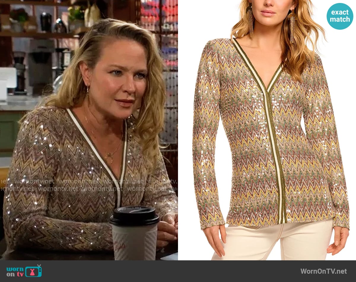 Ramy Brook Kiki Chevron Sequin Cardigan worn by Sharon Newman (Sharon Case) on The Young and the Restless