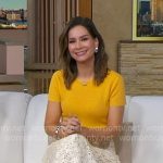 Rebecca’s yellow sweater and floral leather skirt on Good Morning America