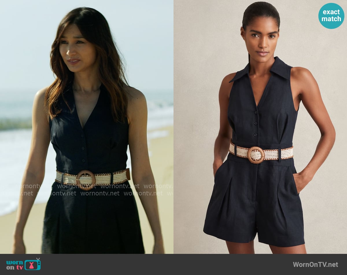 Reiss Anjie Linen Belted Collar Playsuit in Navy worn by Gigi Ling (Gemma Chan) on The Five Star Weekend