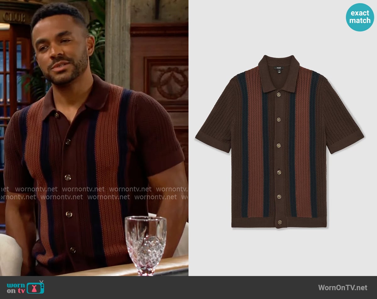 Reiss Bradley Cotton Textured-Knit Stripe Shirt in Brown Multi worn by Nate Hastings (Sean Dominic) on The Young and the Restless