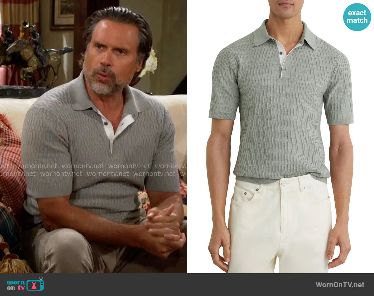 Reiss Era Basket Weave Knit Polo Sweater in Soft Sage worn by Nick Newman (Joshua Morrow) on The Young and the Restless