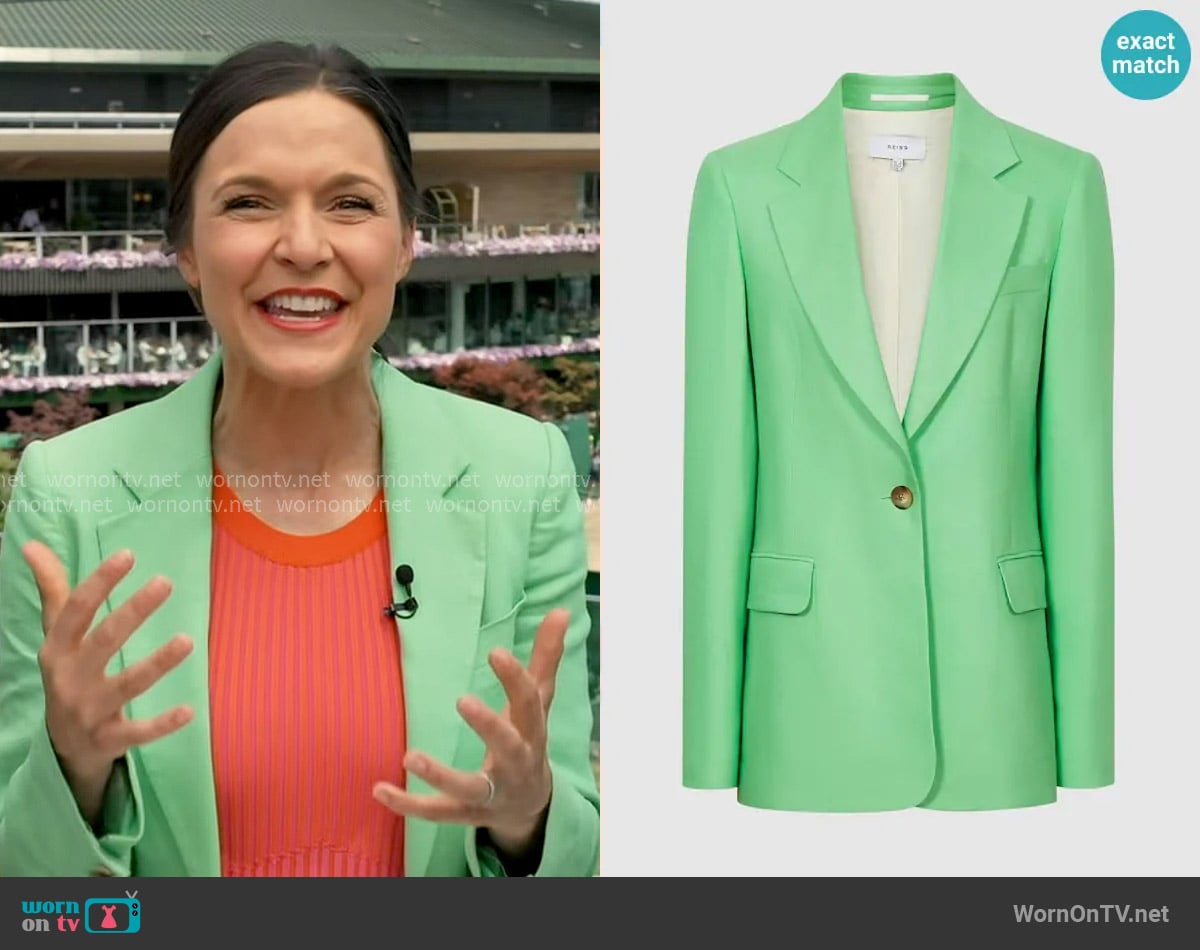 Reiss Gracey Blazer in Green worn by Maggie Rulli on Good Morning America