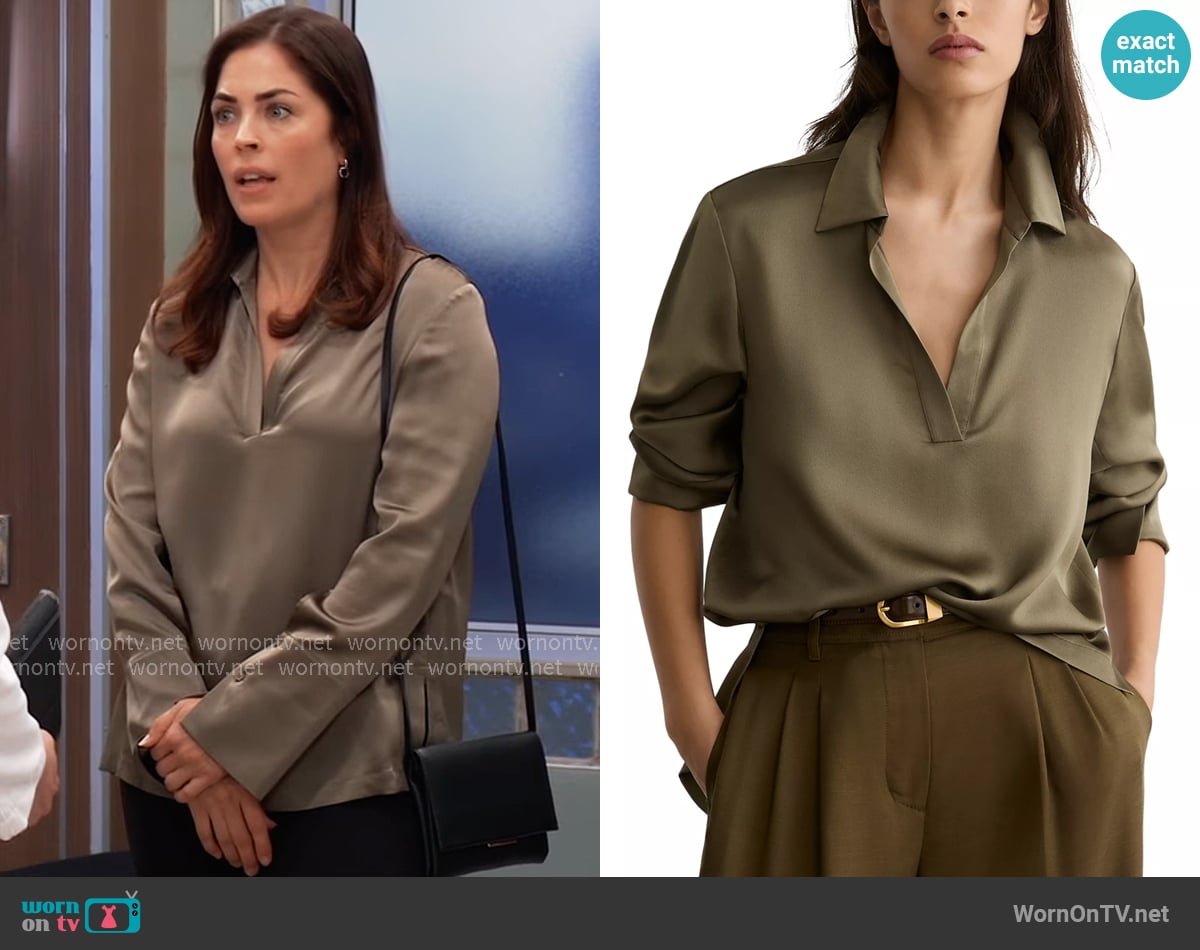 Reiss Marina Silk Open Collar Blouse worn by Britt Westbourne (Kelly Thiebaud) on General Hospital