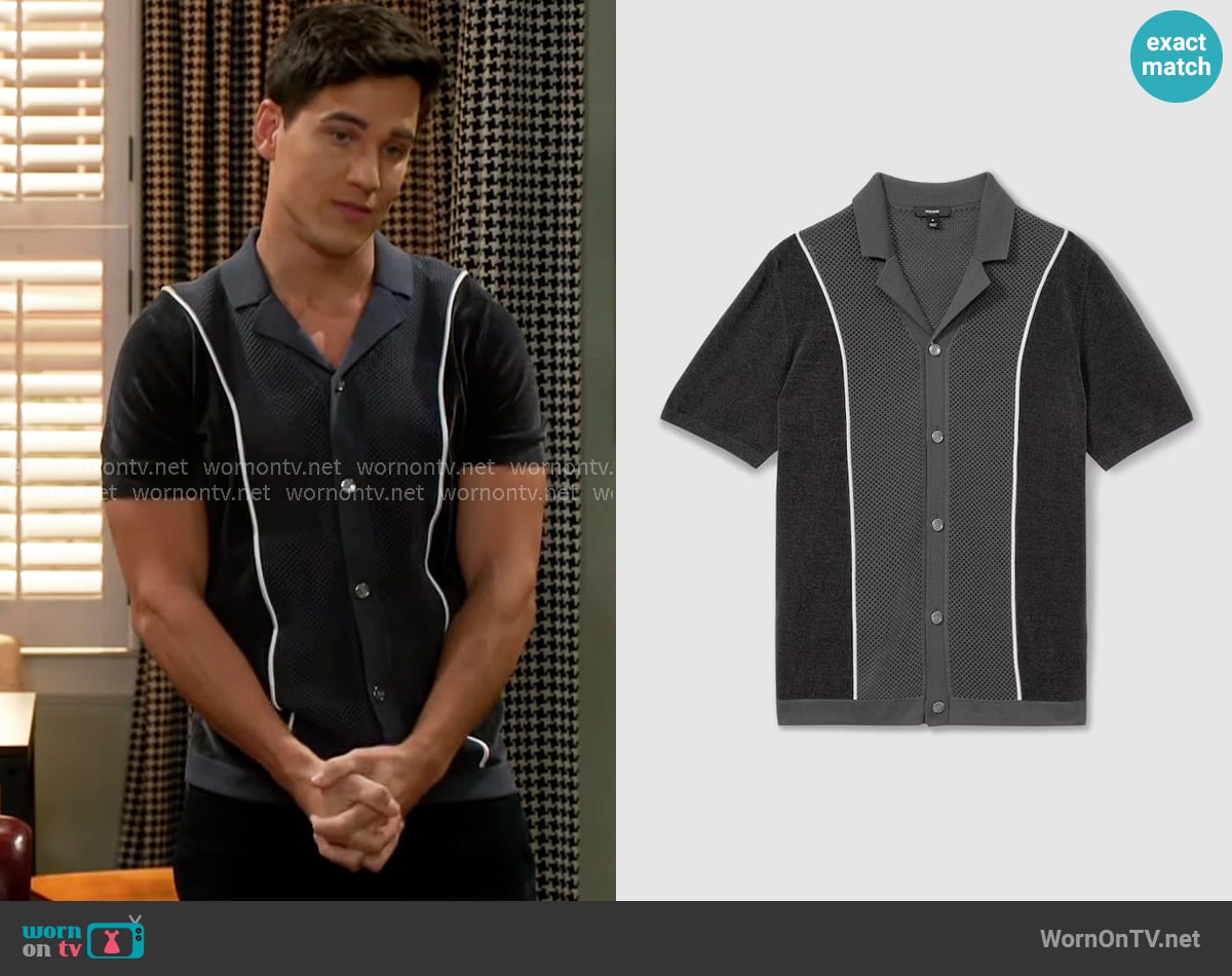 Reiss Meastro Hybrid Velour Cuban Collar Shirt in Steel Blue worn by Bradley 'Smitty' Smith (Mike Manning) on Beyond the Gates