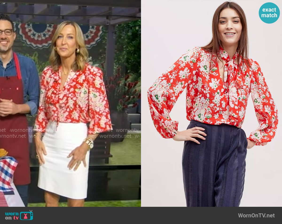 Rixo Engel Printed Silk Blouse worn by Lara Spencer on Good Morning America