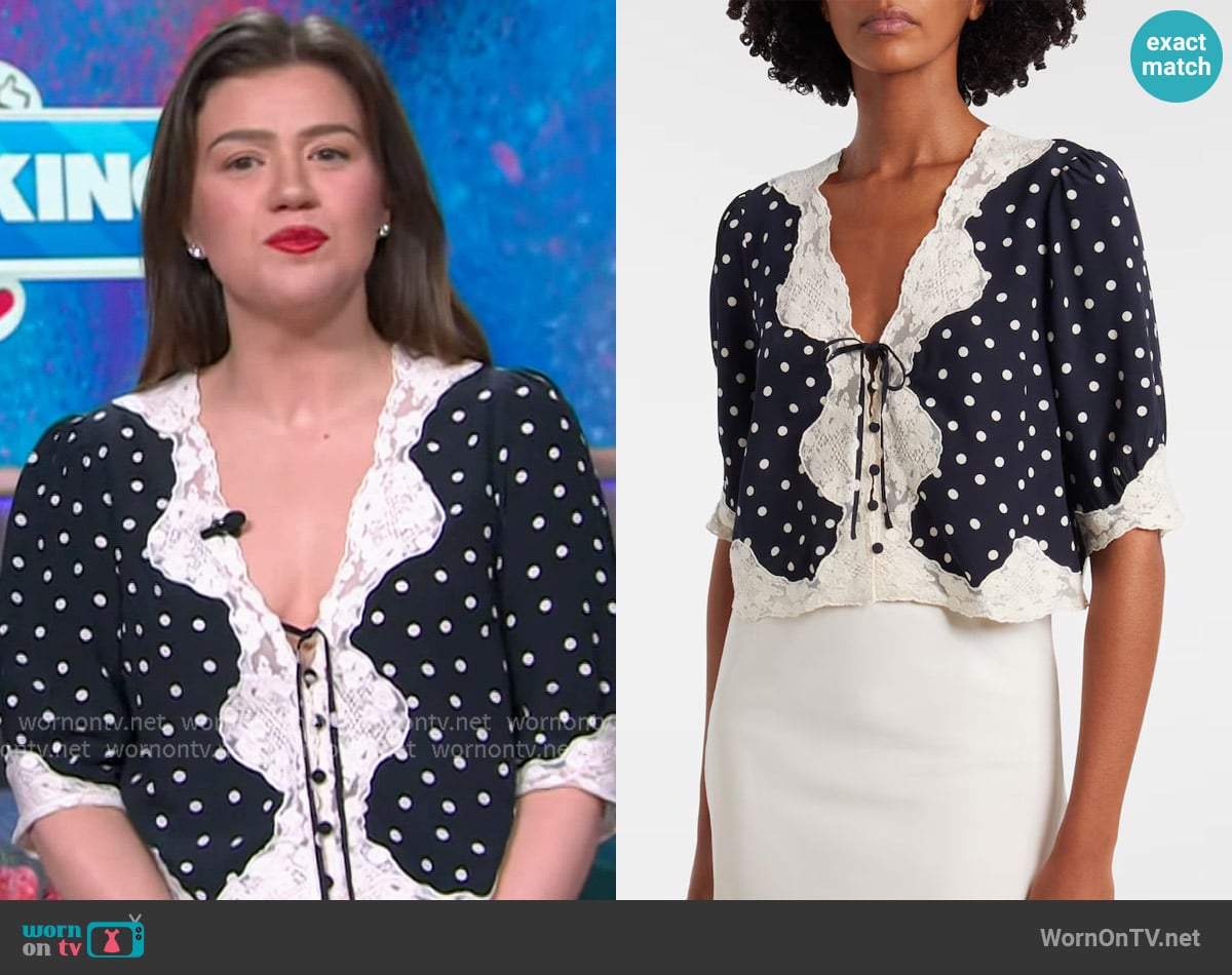 Rixo Ursula polka-dot crêpe de chine top worn by Kelly Clarkson on The Kelly Clarkson Show