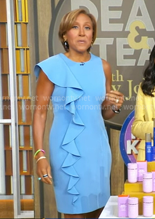 Robin’s blue ruffled sheath dress on Good Morning America