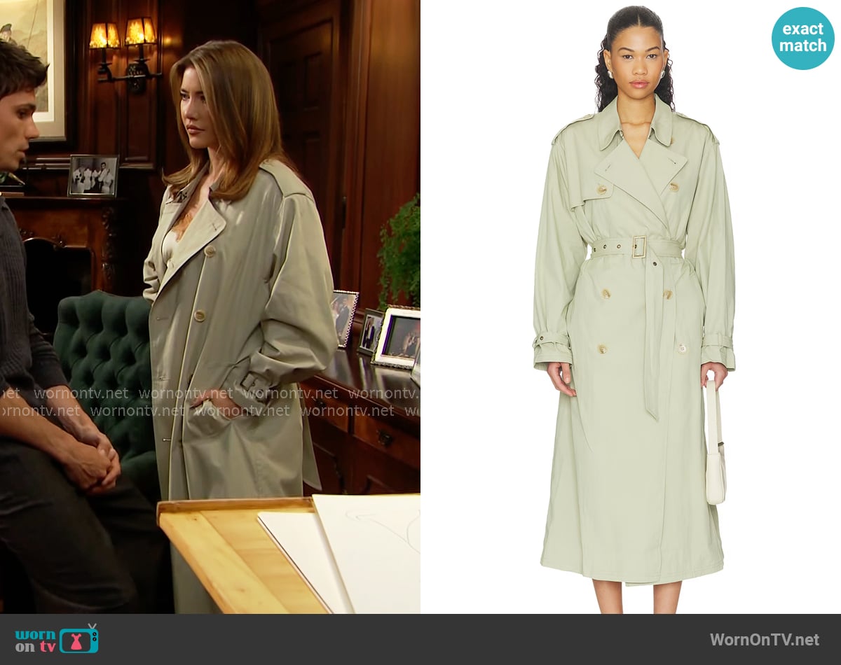 Ronny Kobo Cohen Raincoat in Sage worn by Steffy Forrester (Jacqueline MacInnes Wood) on The Bold and the Beautiful