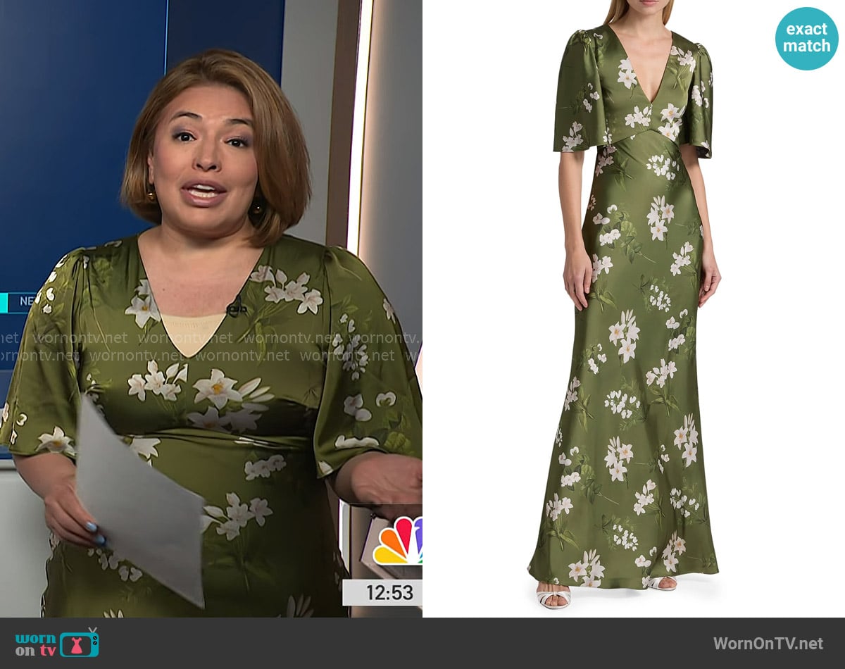 Sachin + Babi Mae Floral Satin Gown in Moss Formosa worn by Gilma Avalos on NBC News Daily